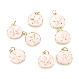 Brass Enamel Pendants, with Jump Rings, Long-Lasting Plated, Flat Round, Pink