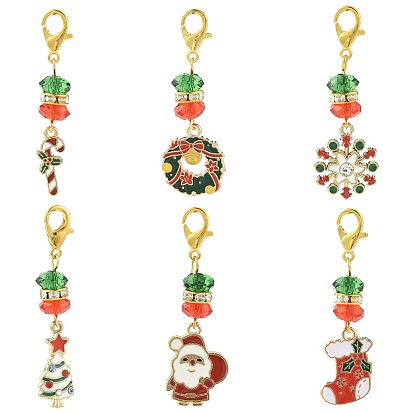 6piezas 6 estilos aleación esmalte tema navideño colgante decoraciones, con cierres de pinza de langosta y cuentas acrílicas transparentes, dorado