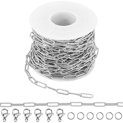 10M 304 Stainless Steel Paperclip Chains, Drawn Elongated Cable Chain, Knurling, 50Pcs Open Jump Rings with 20Pcs  Lobster Claw Clasps