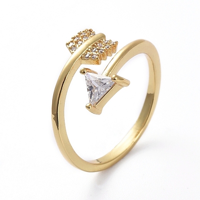 Adjustable Brass Cuff Finger Rings, Micro Pave Cubic Zirconia, Cadmium Free & Lead Free, Arrow
