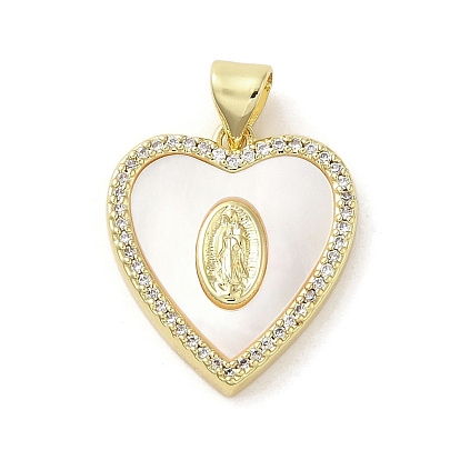 Shell Heart Pendants, Brass Micro Pave Clear Cubic Zirconia Religion Virgin Mary Charms
