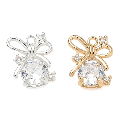 Brass Micro Pave Clear Cubic Zirconia Charms, Bowknot & Round Charms