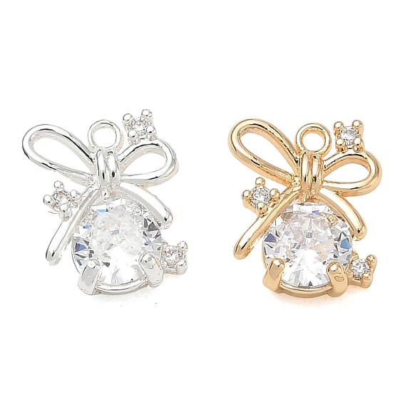 Brass Micro Pave Clear Cubic Zirconia Charms, Bowknot & Round Charms