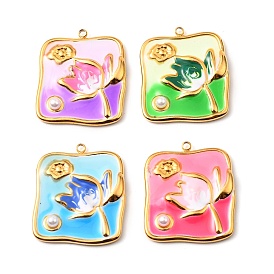 304 нержавеющей стальной эмали подвески, с имитацией жемчуга из АБС, квадрат с цветочным шармом, золотые