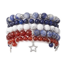 5Pcs 5 Style Natural Mixed Gemstone Round Beaded Stretch Bracelets Set, Stackable Bracelets with Star Alloy Charms