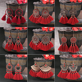 Long Tassel Bridal Earrings with Geometric Metal Beads - Vintage, Autumn/Winter/Spring Festival.
