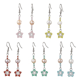 Natural Pearl Dangle Earrings, TOHO Seed Beaded Star Long Drop Earrings with 304 Stainless Steel Pins