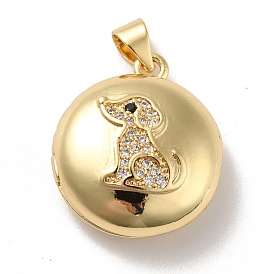 Rack Plating Brass Micro Pave Clear Cubic Zirconia Locket Pendants, Cadmium Free & Lead Free, Long-Lasting Plated, Flat Round with Dog Pattern