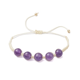 Bracelets de perles tressées en améthyste naturelle ronde de s mm, bracelets de cordon en nylon réglables pour femmes