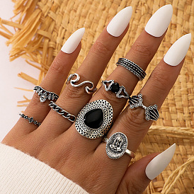Vintage Ethnic Black Gemstone Ring Set with Intricate Carvings and Hollow Patterns - 9 Pieces