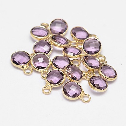 Glass Flat Round Charm, with Golden Plated Brass Findings, Faceted, 9x6x3mm, Hole: 2mm