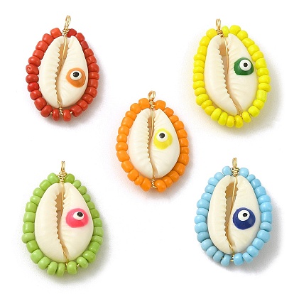 5Pcs 5 Colors Glass Seed Beaded Copper Wire Wrapped Shell Pendants, Shell Shape Charms with Evil Eye, Golden