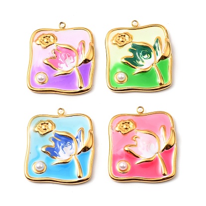 304 нержавеющей стальной эмали подвески, с имитацией жемчуга из АБС, квадрат с цветочным шармом, золотые