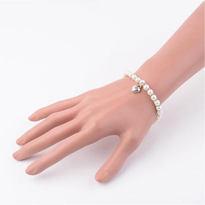 Glass Pearl Stretch Bracelets, with Alloy Findings, 54mm