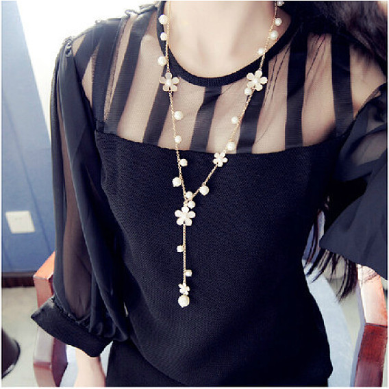 Цветочный сплав эмаль с пластиковым жемчугом подвеска y ожерелья для женщин, золотые