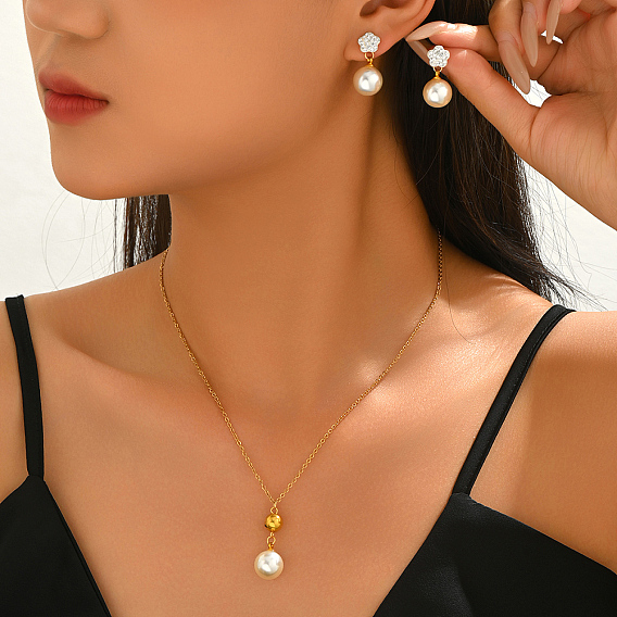 Женские комплекты круглых пластиковых сережек и подвесок с имитацией жемчуга, ювелирные изделия нержавеющей стали устанавливает