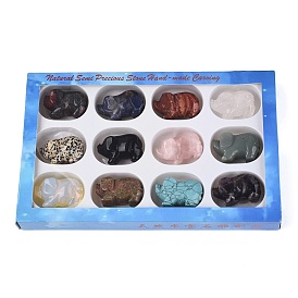 Natural & Synthetic Mixed Gemstone Pig Figurines Set, Ornament for Home Office Desktop Decoration, with Paper Gift Box, Mixed Dyed and Undyed