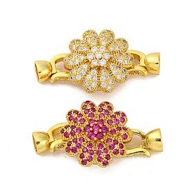 Brass Micro Pave Cubic Zirconia Fold Over Clasps, Lead Free & Cadmium Free, Golden, Flower, Golden