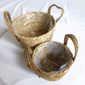Round Cattail Straw Braided Basket with Handles, for Storing Fruit Snack Vegetables