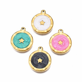 304 Stainless Steel Pendants, with Enamel, Flat Round with Star, Golden