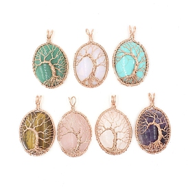 Gemstone Brass Wire Wrapped Pendants, Oval with Tree Charms, Rose Gold