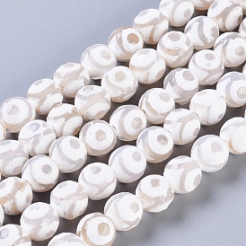 Tibetan Style 3-Eye dZi Beads, Natural Agate, Dyed, Faceted, Round, White