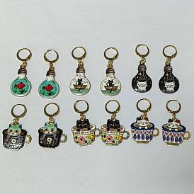 Cat Alloy Enamel Pendant Locking Stitch Markers, with 304 Stainless Steel Leverback Earring Findings