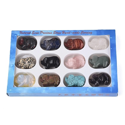 Natural & Synthetic Mixed Gemstone Pig Figurines Set, Ornament for Home Office Desktop Decoration, with Paper Gift Box, Mixed Dyed and Undyed