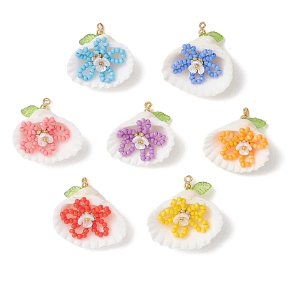 7 шт. стеклянные бусины-ракушки с подвесками-цветами, с ракушкой, искусственным жемчугом из смолы и медной проволокой