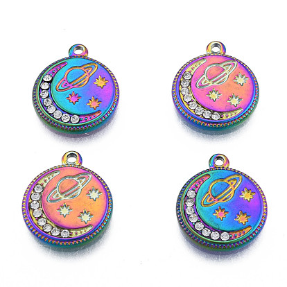 304 Stainless Steel Pendants, with Rhinestone, Flat Round with Moon & Planet