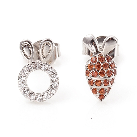 Brass Micro Pave Cubic Zirconia Stud Earrings, Asymmetrical Earrings, with Earring Backs and 925 Sterling Silver Pins, Rabbit and Carrot