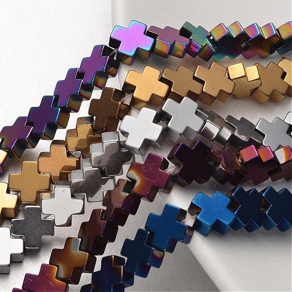 Гальванизировать немагнитных синтетический гематит нитей бисера, крестик, 10x10x4 мм, отверстие : 1 мм, около 45 шт / нитка, 15.7 дюйм