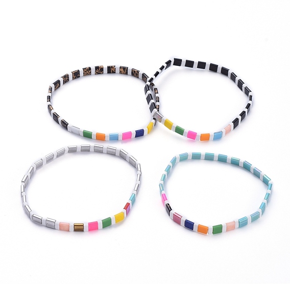 Rectangle Glass Seed Beads Stretch Bracelets, Mixed Style