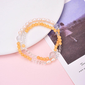 Round Natural Fresh Water Pearl & Quartz Crystal Beaded Wrap Bracelets for Women