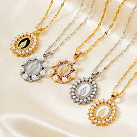 Винтажные латунные ожерелья с подвесками в форме овала, украшенные микропаве из кубических цирконий, с изображением Девы Марии, с эмалью и имитация жемчуга