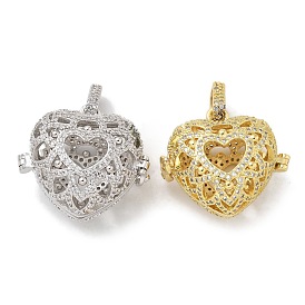 Rack Plating Brass Micro Pave Clear Cubic Zirconia Bead Cage Pendants, Hollow Heart Cage Charms for Chime Ball Pendant Necklaces Making, Long-Lasting Plated, Lead Free & Cadmium Free