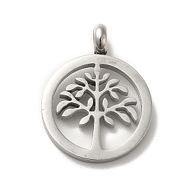 Pendentifs en acier inoxydable, plat rond avec breloque sapin