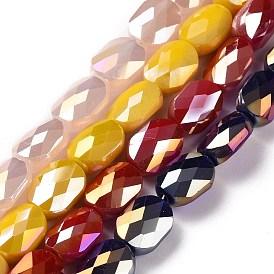 Faceted Electroplated Glass Beads Strands, AB Color Plated, Opaque Solid Color, Oval