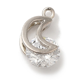 Brass Micro Pave Cubic Zirconia Pendants, Long-Lasting Plated, Cadmium Free & Lead Free, Moon