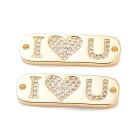 Brass Micro Pave Cubic Zirconia Links, Long-Lasting Plated, Rectangle with Words I Love You, for Valentine's Day, Clear