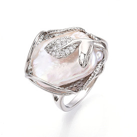 Кольцо с натуральным барочным жемчугом, с латунными микрофианитами, регулируемыми открытыми кольцами-манжетами для женщин, лист