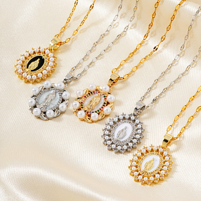 Винтажные латунные ожерелья с подвесками в форме овала, украшенные микропаве из кубических цирконий, с изображением Девы Марии, с эмалью и имитация жемчуга