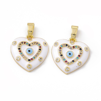 Brass Enamel Pendants, Micro Pave Cubic Zirconia, with Glass Rhinestone, Real 18K Gold Plated, Heart with Evi Eye Charm