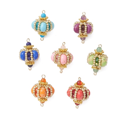 Подвески-соединители в форме ромба из окрашенной синтетической императорской яшмы и стеклянных бусин ручной работы, с драгоценными камнями и биконическими стеклянными бусинами, золотые