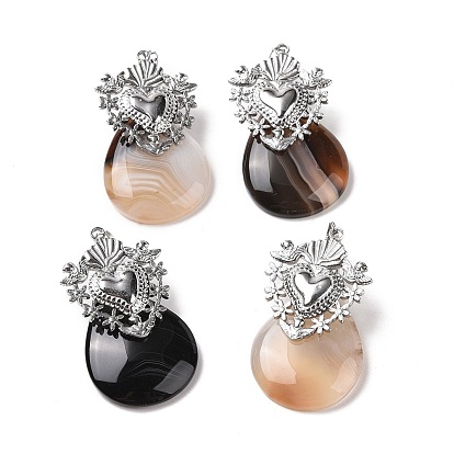 Natural Agate Pendants, Teardrop Charm, with Platinum Tone 304 Stainless Steel Heart Findings