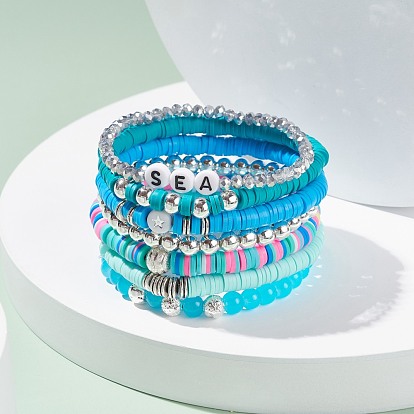 Handmade Polymer Clay Heishi Beads Stretch Bracelets Set, Transparent Glass Round Beads Bracelets, Sea Word Acrylic Beads Bracelets for Women