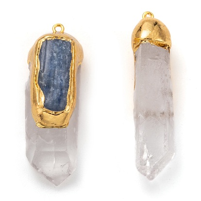 Natural Quartz Crystal & Kyanite Beads Big Pointed Pendants, with Golden Brass Findings
