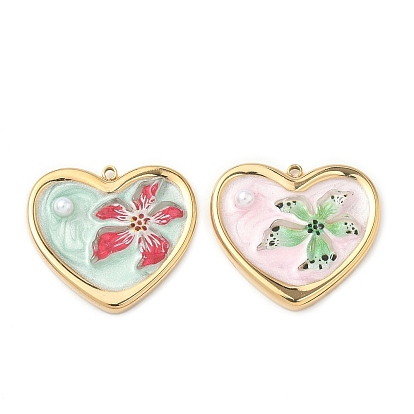 304 подвески из нержавеющей стали, Сердце со цветками , с эмалью и абс пластика имитация жемчуга, реальный 18 k позолоченный