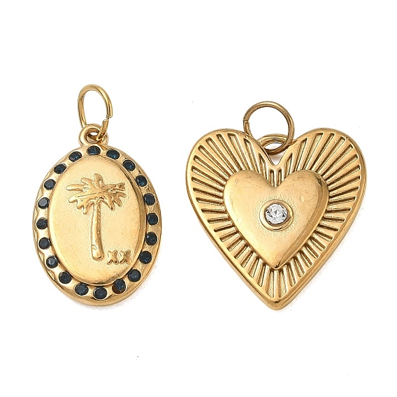 304 inoxydable micro en acier pavent pendentifs zircone cubique, breloques en forme de cocotier/cœur, or