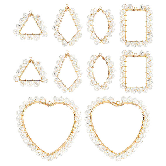 10 шт. 5 стили подвески из прозрачного стекла и латуни, медная проволока обернутая, Подвески в виде ромба, треугольника, сердца и конского глаза